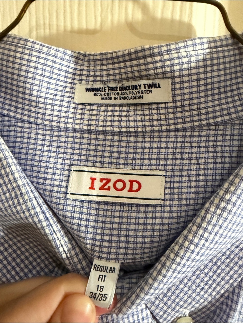 IZOD Blue Check Wrinkle-Free Button Down Dress Shirt Men’s 18 34/35 - Picture 4 of 7